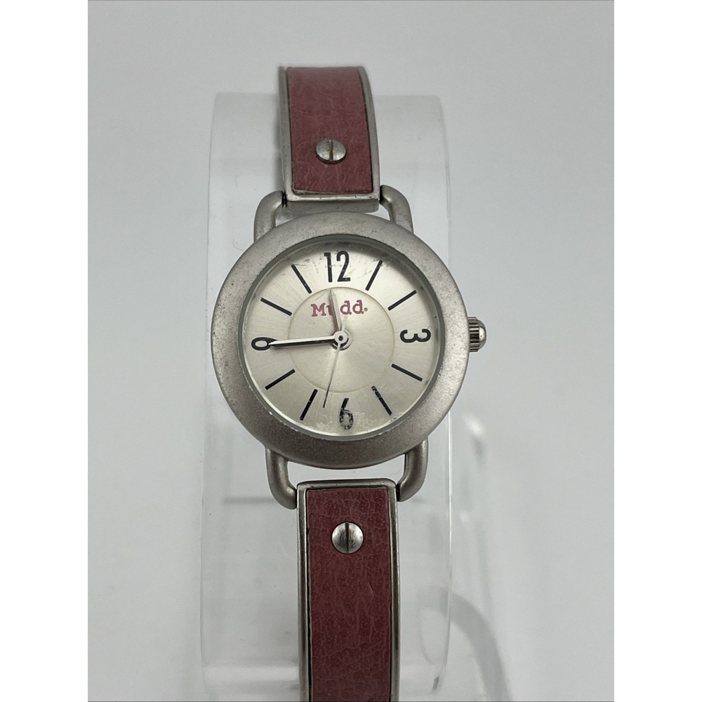 Vintage Mudd Watch Women 25mm Silver Case 6.25" Pink/Silver Band- New Battery